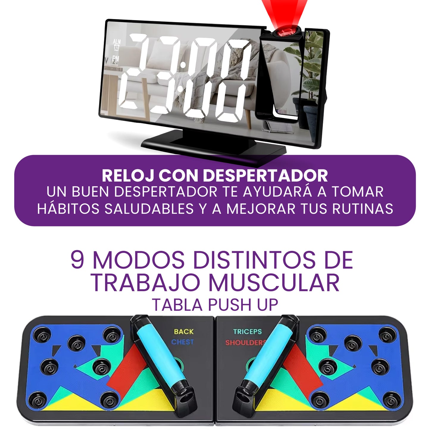 Combo Tabla Para Flexiones Push Up + Reloj digital proyector